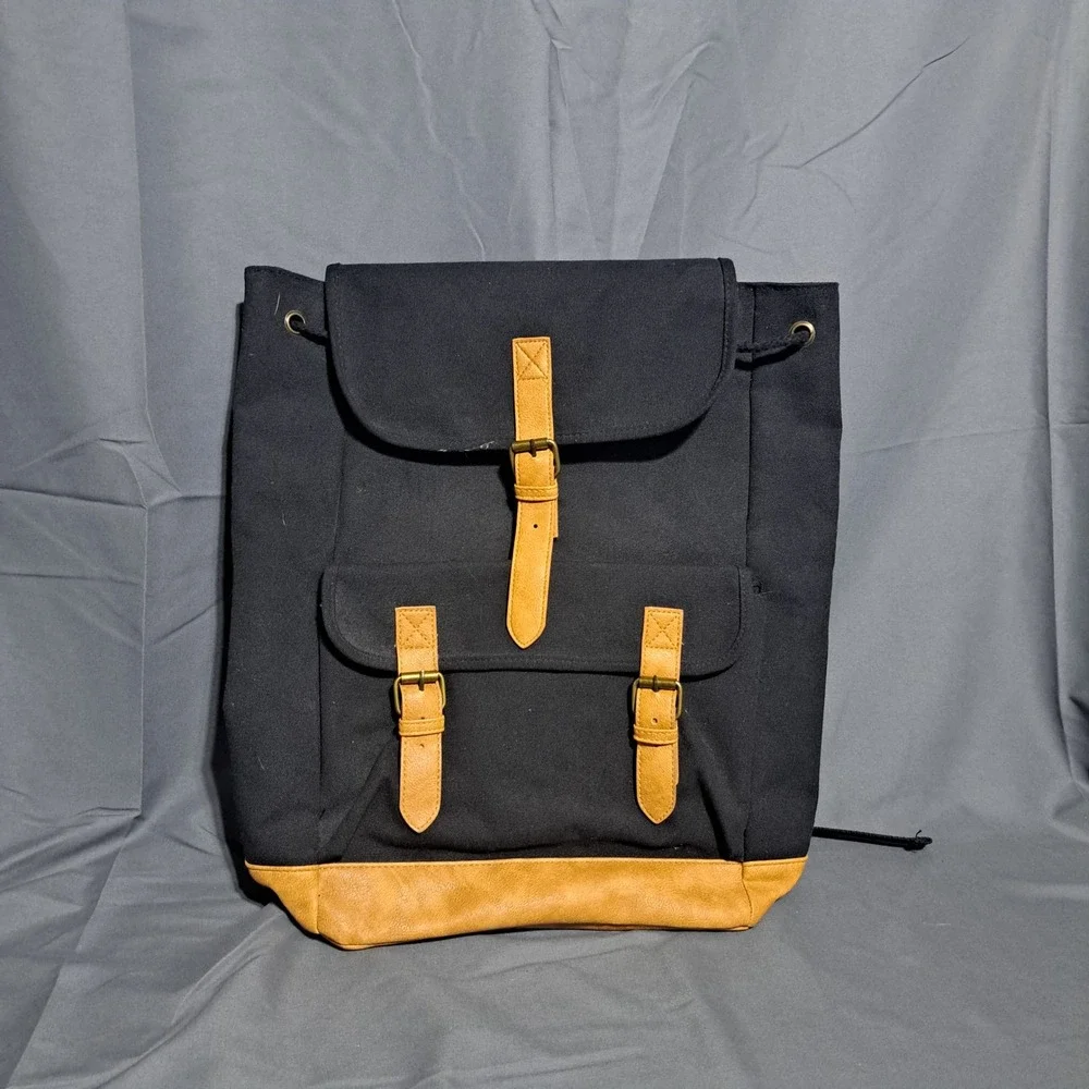 DSW‎ Black Canvas Backpack Faux Leather Trim Buckle Detail Pockets VGUC